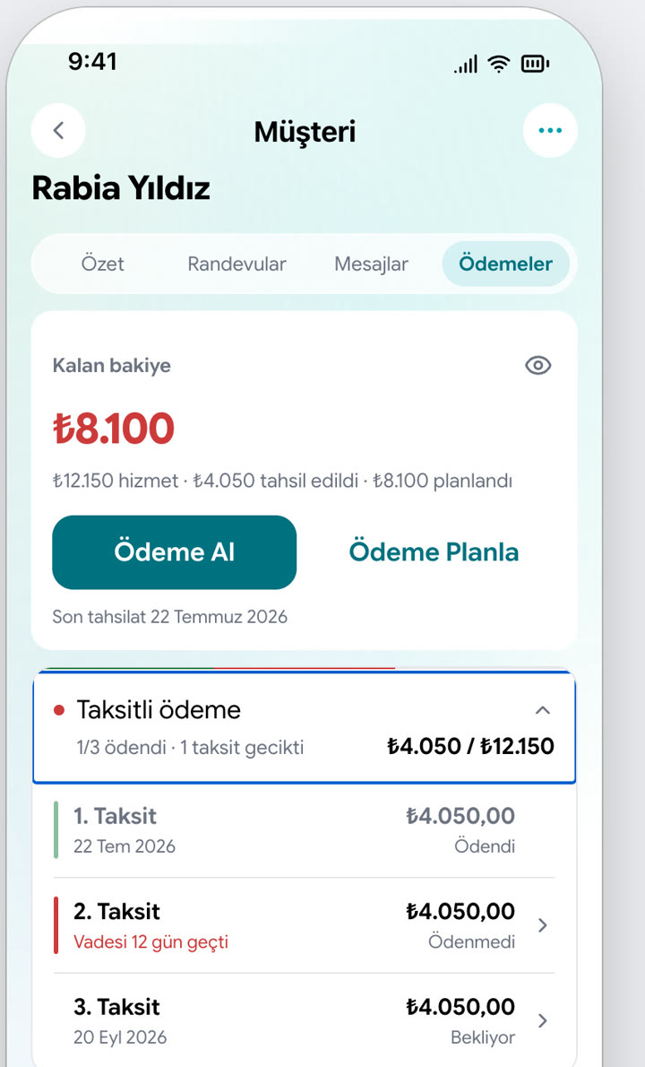 Hasta kartında taksitli ödeme ve kalan bakiye